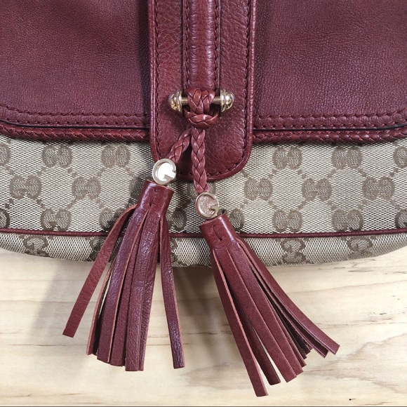 Gucci 🤎 Marrakech burgundy red leather & canvas shoulder bag w/ tassel - Picture 3 of 8
